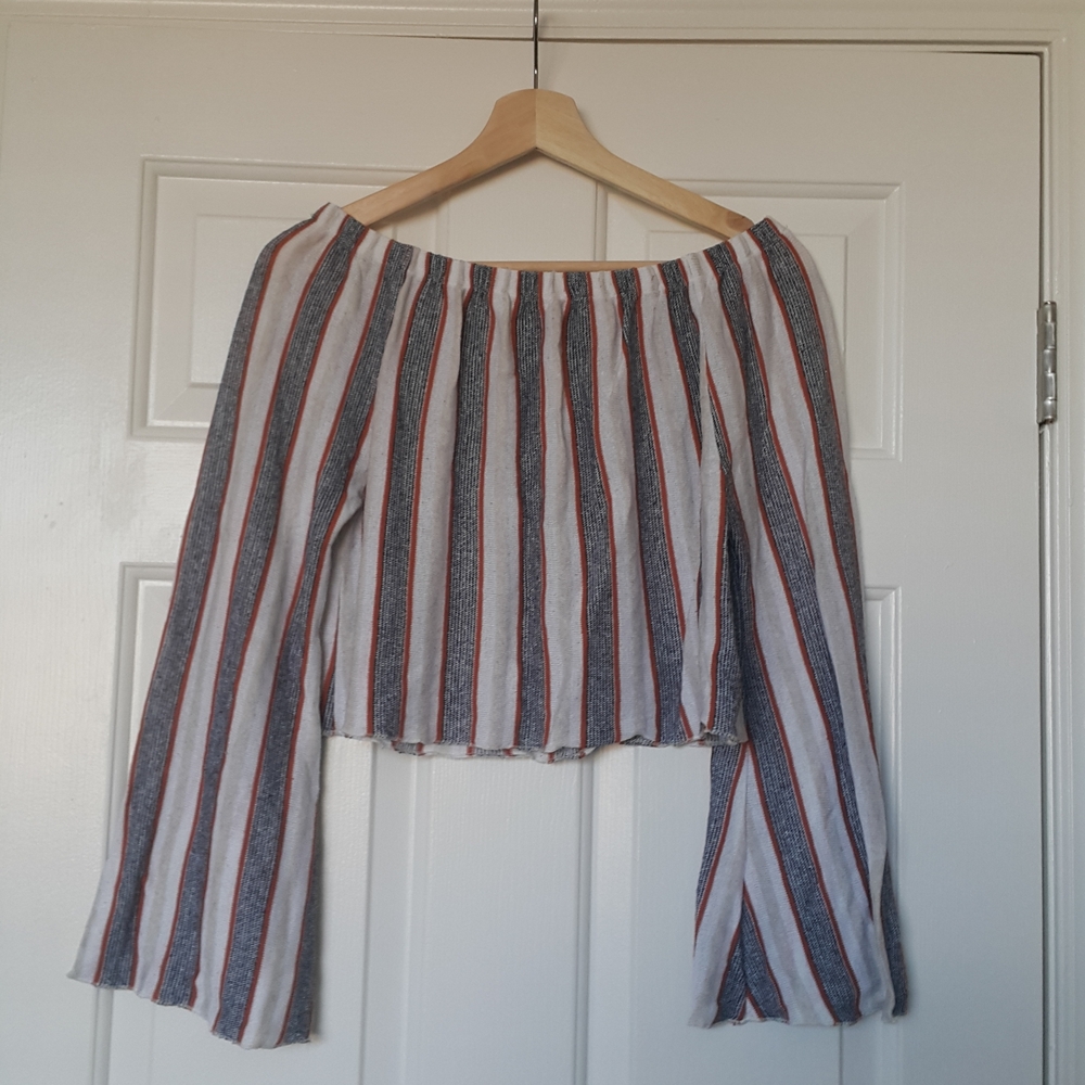 Zara Red and Blue Striped Off-Shoulder Blouse